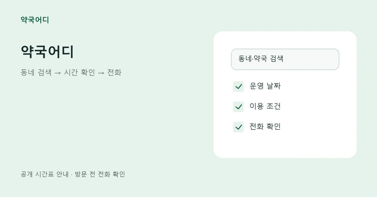 동네 검색과 운영 날짜·이용 조건·전화 확인 목록을 그린 안내 그림